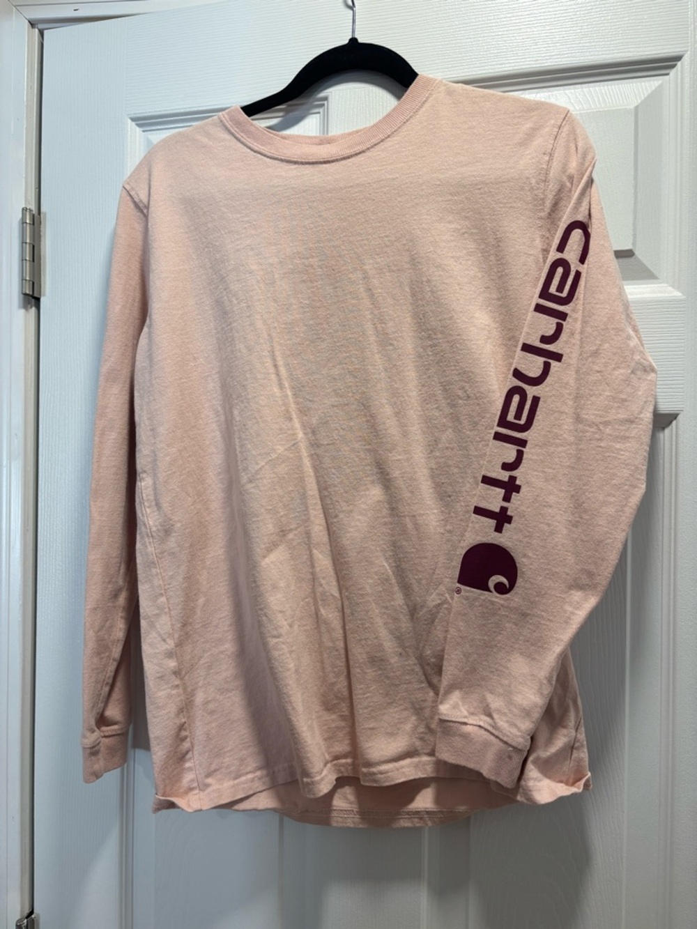 Carhartt Long-Sleeve Tee in Pale Pink with Maroon Sleeve Logo